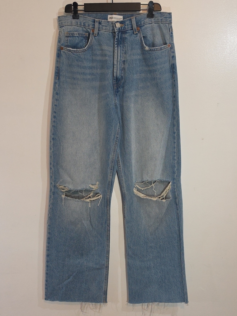 Zara Light Blue Distressed Wide Leg Jeans 10
